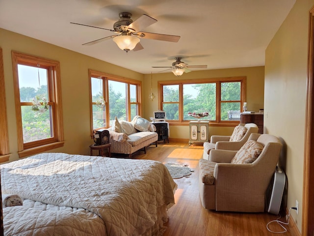 17634 240th St, Hutchinson Twp, MN 55350 - bedroom featuring a wood stove, light wood finished floors, and ceiling fan