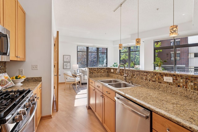kitchen featuring light wood-style floors, a sink, appliances with stainless steel finishes, and tasteful backsplash