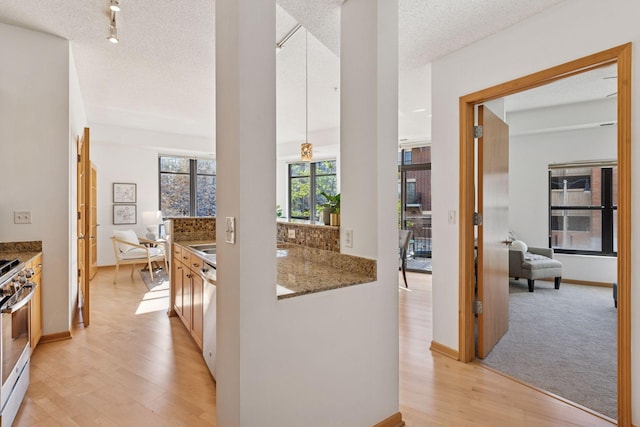 hallway featuring baseboards, a textured ceiling, and light wood-style flooring