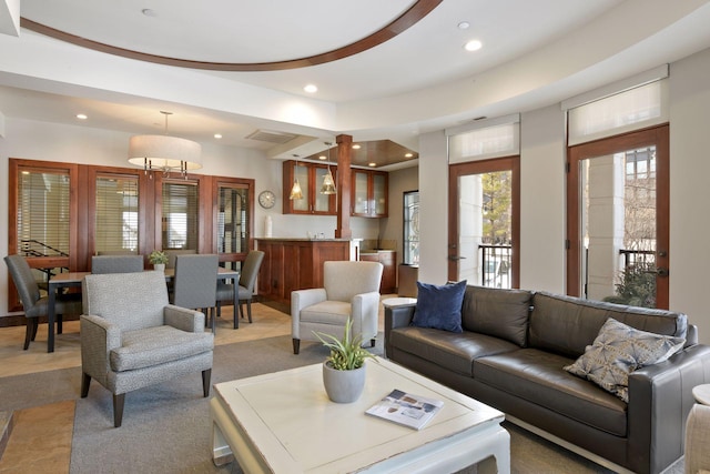 living area with recessed lighting