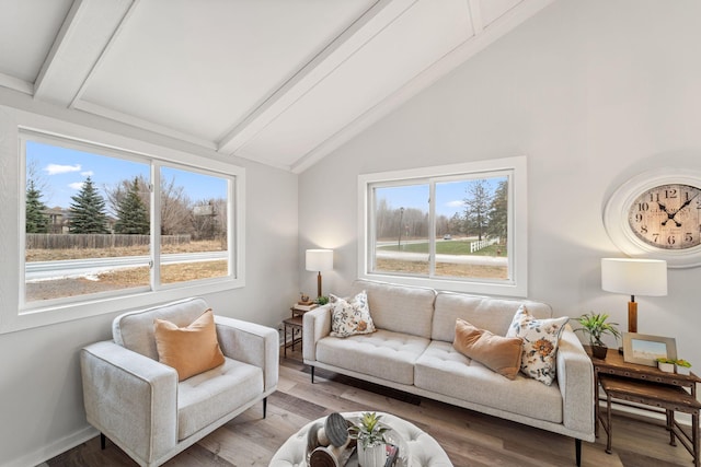 living room with wood finished floors and vaulted ceiling with beams