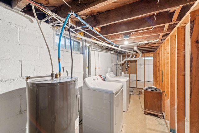 washroom with electric water heater, laundry area, and washer and clothes dryer