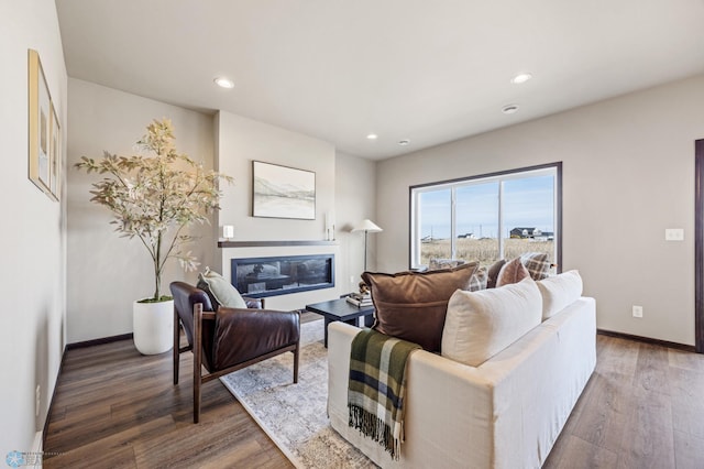 living area featuring recessed lighting, baseboards, wood finished floors, and a glass covered fireplace