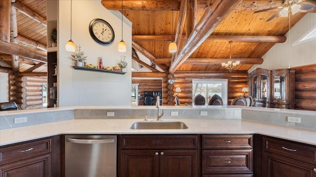 kitchen featuring dark brown cabinets, beamed ceiling, wooden ceiling, stainless steel dishwasher, and a sink