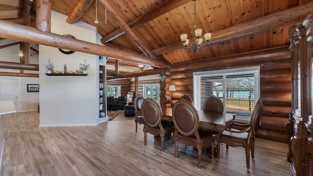 dining space with beam ceiling, high vaulted ceiling, wood finished floors, an inviting chandelier, and baseboards