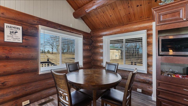 dining room featuring wood finished floors, visible vents, log walls, vaulted ceiling with beams, and wood ceiling