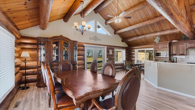 dining space featuring beamed ceiling, plenty of natural light, light wood finished floors, and log walls