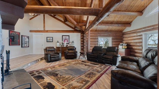 living room with plenty of natural light, high vaulted ceiling, and log walls