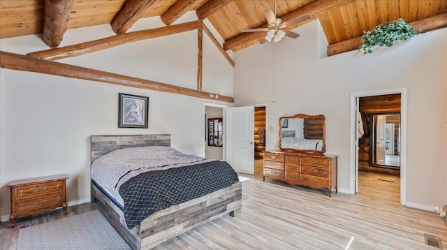 bedroom featuring visible vents, wooden ceiling, lofted ceiling with beams, and wood finished floors