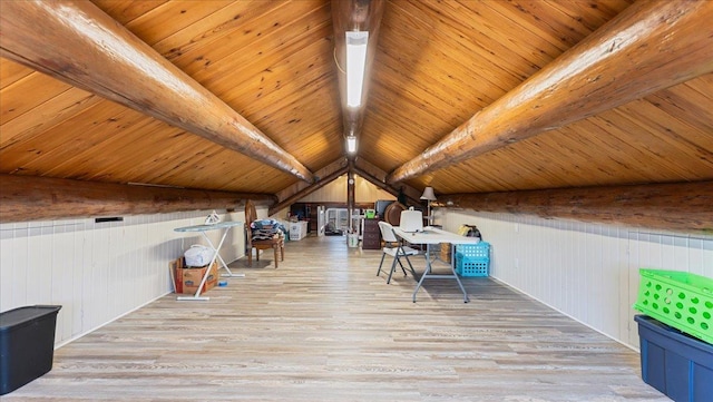 interior space featuring vaulted ceiling with beams, wood finished floors, and wooden ceiling