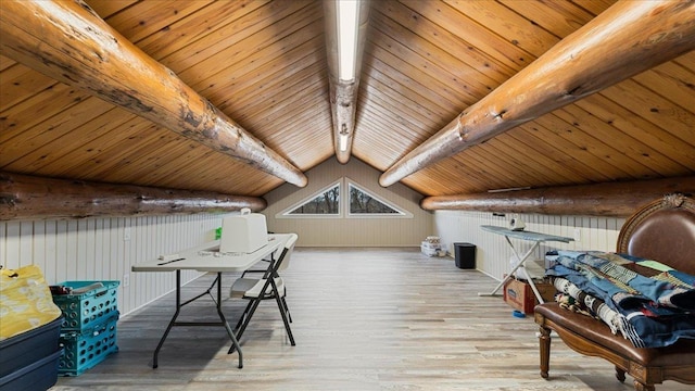 unfurnished office featuring wood ceiling, vaulted ceiling with beams, and wood finished floors