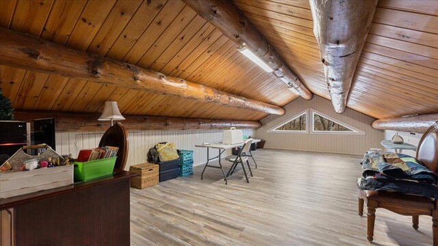 bonus room featuring lofted ceiling with beams, wood ceiling, and wood finished floors