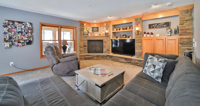 8403 Red Pine Cir, Baxter, MN 56425 - living area featuring carpet floors, a stone fireplace, a textured ceiling, baseboards, and built in shelves