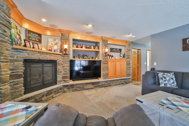 8403 Red Pine Cir, Baxter, MN 56425 - carpeted living area with a textured ceiling, a stone fireplace, and recessed lighting
