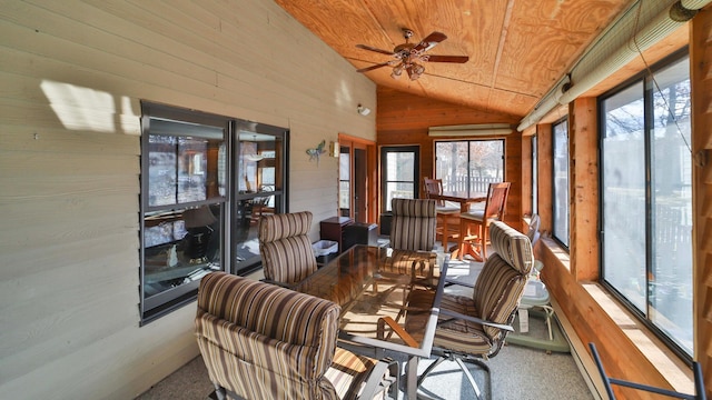 8403 Red Pine Cir, Baxter, MN 56425 - sunroom / solarium featuring vaulted ceiling, carpet, a ceiling fan, wood ceiling, and wood walls