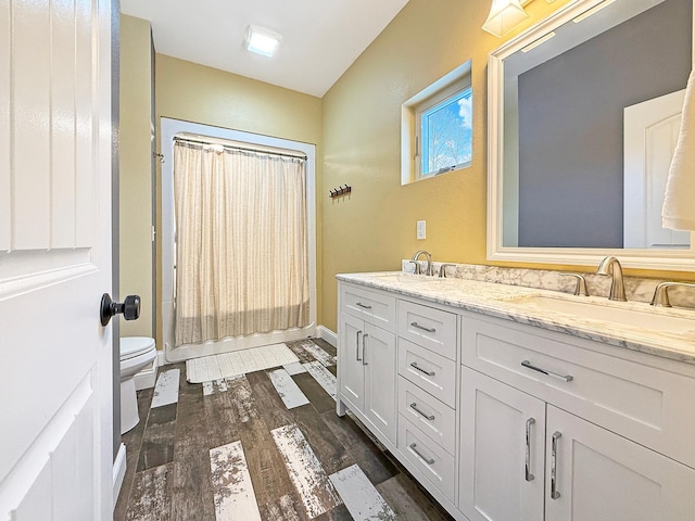 bathroom featuring a sink, toilet, wood finished floors, and double vanity