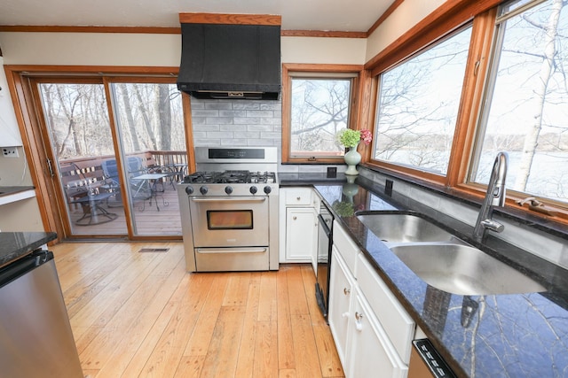 kitchen featuring ventilation hood, white cabinetry, stainless steel range with gas cooktop, a sink, and dishwasher