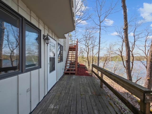 3694 Iona Way SW, Alexandria, MN 56308 - wooden deck with stairway and a water view