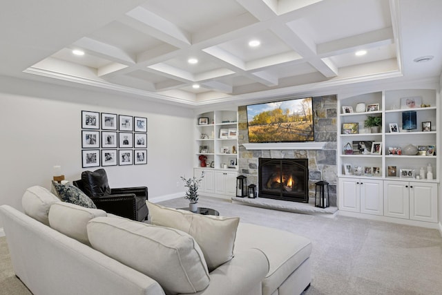 living area with beam ceiling, carpet flooring, coffered ceiling, and a stone fireplace