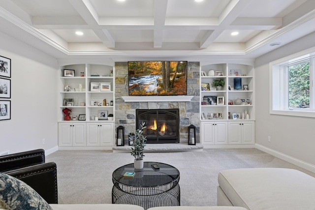 living room featuring carpet, beam ceiling, a fireplace, and baseboards