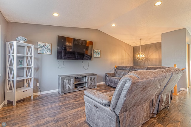 living room featuring recessed lighting, baseboards, lofted ceiling, and wood finished floors