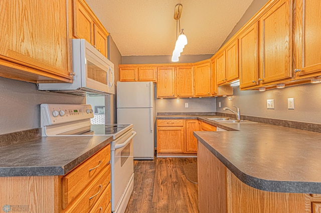 kitchen with white appliances, dark wood-style flooring, a sink, a textured ceiling, and dark countertops