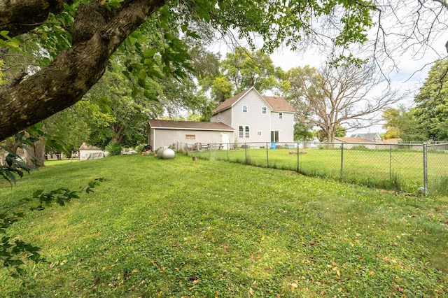 view of yard with an outdoor structure and a fenced backyard