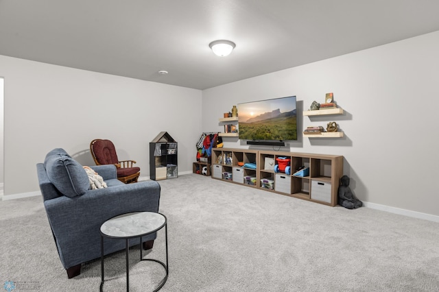 sitting room featuring carpet and baseboards