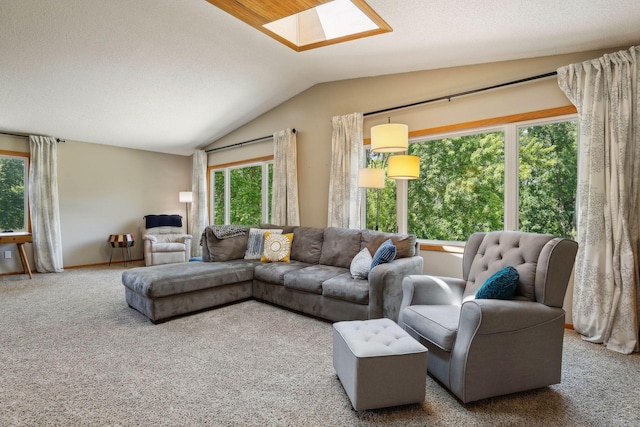 carpeted living room with lofted ceiling with skylight and a textured ceiling