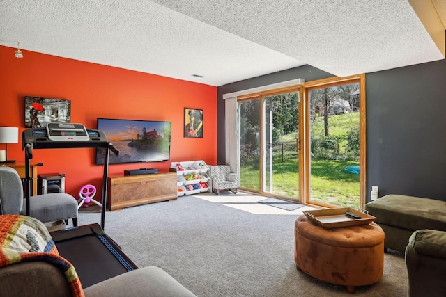 carpeted living room featuring a textured ceiling