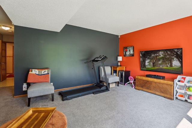 workout room with a textured ceiling and carpet flooring