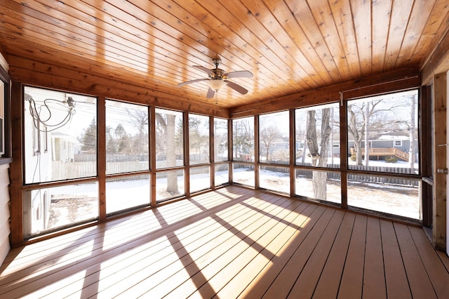 unfurnished sunroom with wood ceiling and ceiling fan