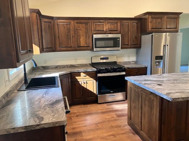 kitchen with dark brown cabinetry, light wood finished floors, stainless steel appliances, and a sink