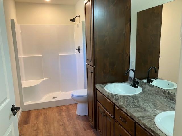 bathroom with double vanity, a shower, wood finished floors, and a sink