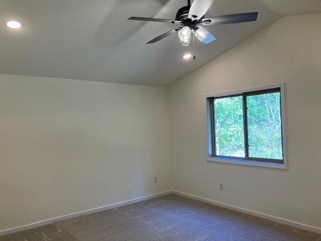 unfurnished room with vaulted ceiling, carpet flooring, recessed lighting, and baseboards