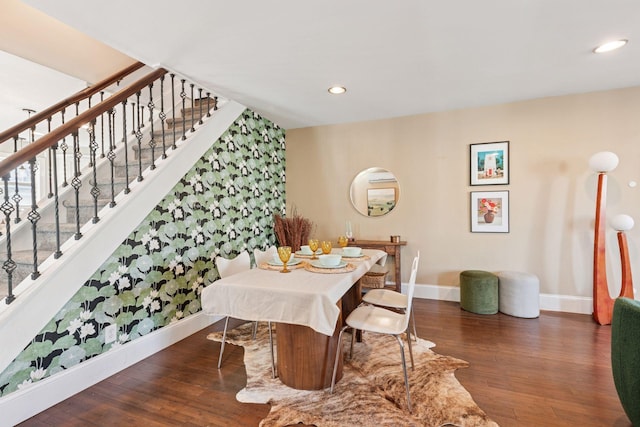 dining area with recessed lighting, wood finished floors, and baseboards