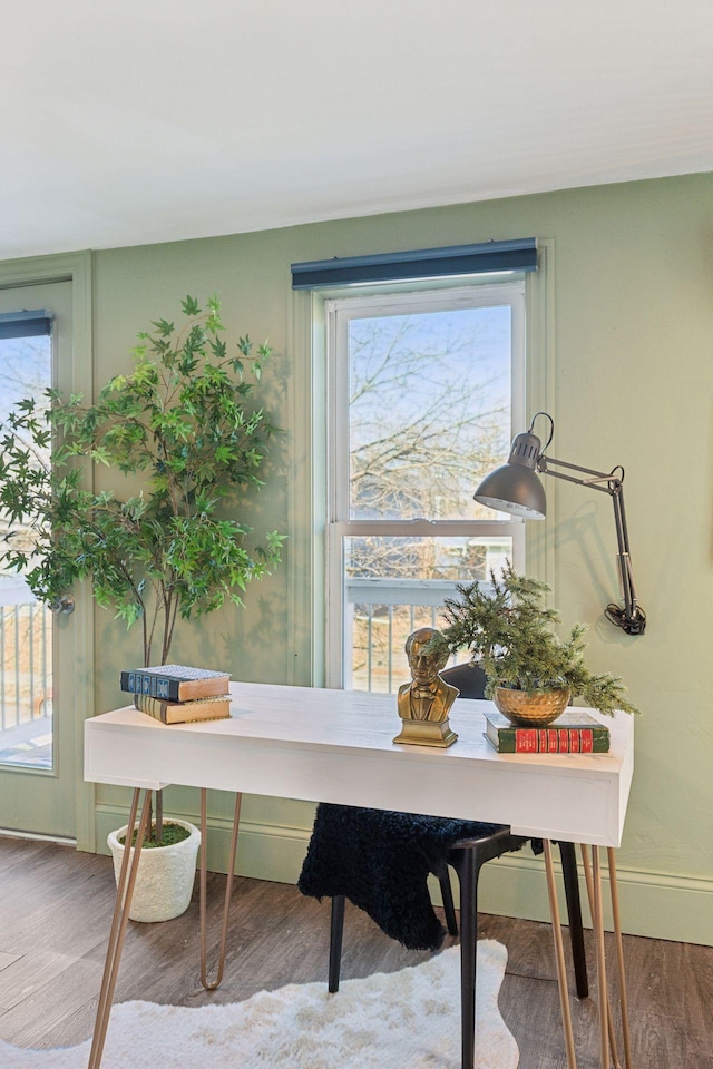 office space featuring wood finished floors, a healthy amount of sunlight, and baseboards