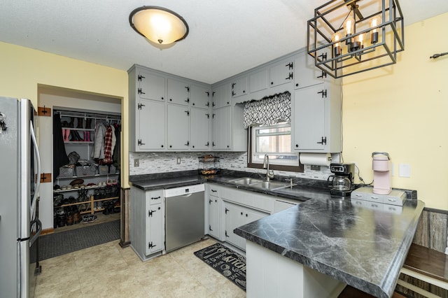 kitchen with a sink, tasteful backsplash, dark countertops, stainless steel appliances, and a peninsula