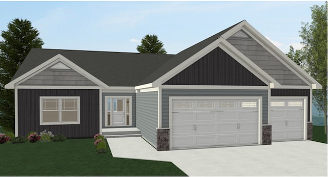 view of front of home with board and batten siding, a front lawn, driveway, stone siding, and an attached garage