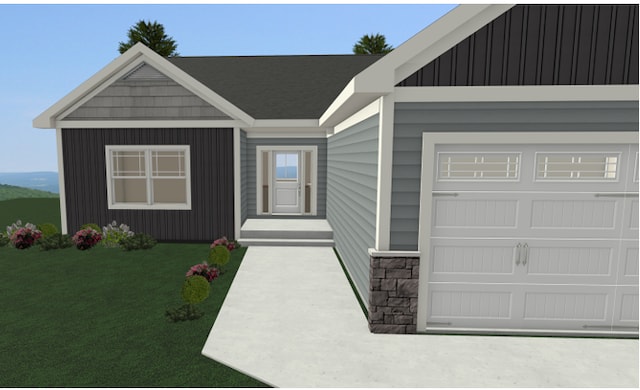 view of front of property with a garage, stone siding, board and batten siding, and a front lawn