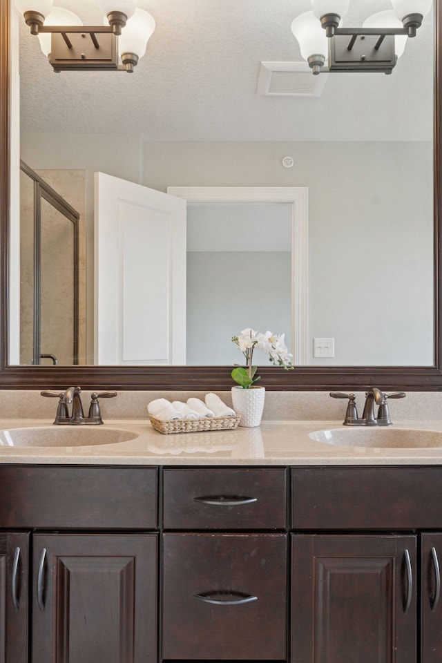 bathroom featuring double vanity, a shower stall, and a sink