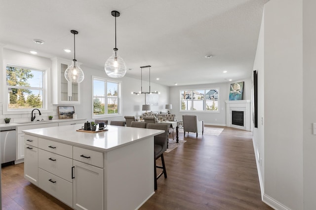 kitchen with a glass covered fireplace, dishwasher, glass insert cabinets, and open floor plan