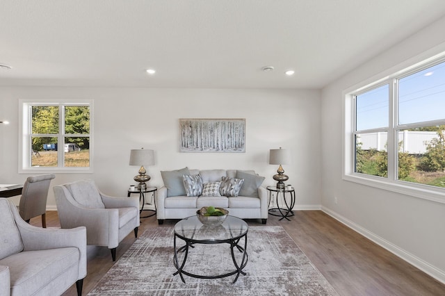 living area featuring a wealth of natural light, recessed lighting, baseboards, and wood finished floors