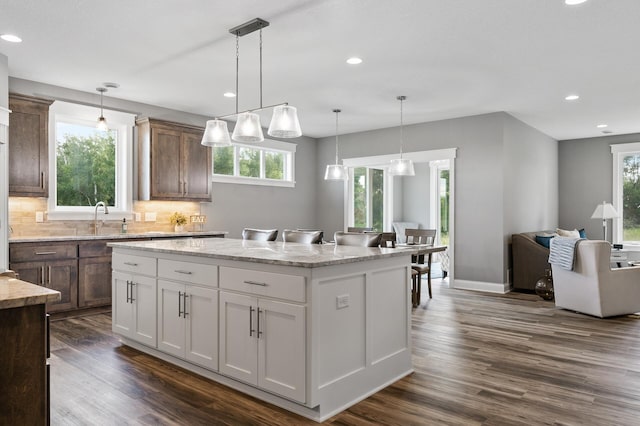 kitchen with dark wood finished floors, a healthy amount of sunlight, tasteful backsplash, and a center island