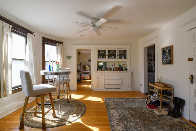 interior space featuring ceiling fan and light wood finished floors