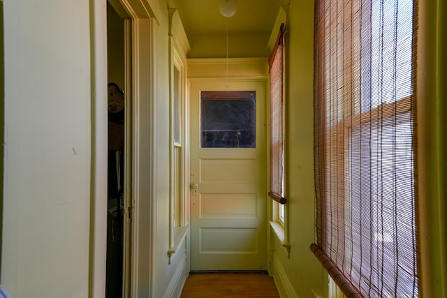 doorway with dark wood-style floors