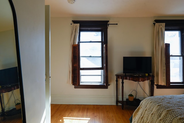 bedroom with multiple windows, baseboards, and hardwood / wood-style floors