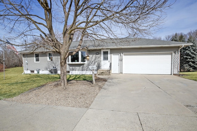 single story home featuring driveway, central AC, a shingled roof, an attached garage, and a front yard