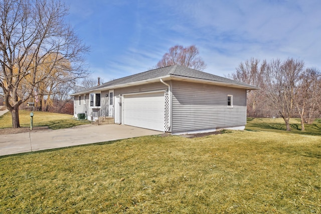 view of home's exterior featuring central AC, an attached garage, concrete driveway, and a yard