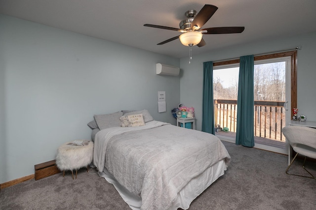 bedroom with a wall unit AC, a ceiling fan, baseboards, carpet floors, and access to exterior